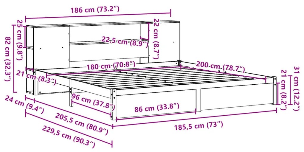 Κρεβάτι Βιβλιοθήκη Χωρίς Στρώμα 180x200 εκ Μασίφ Ξύλο Πεύκου - Λευκό