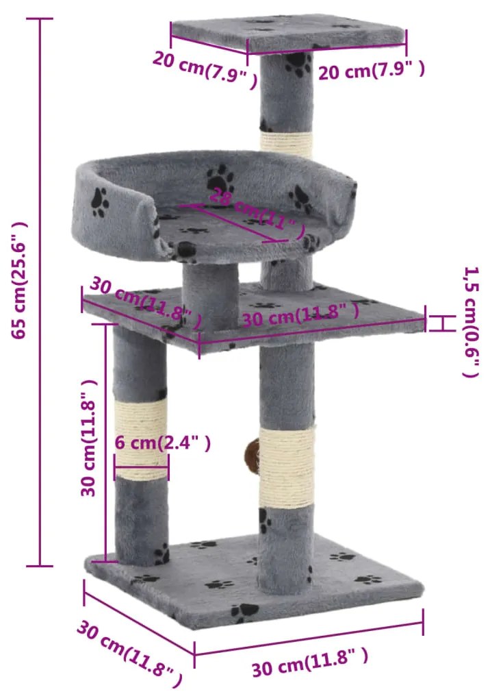 vidaXL Γατόδεντρο Τύπωμα Πατούσας Γκρι 65 εκ. με Στύλους από Σιζάλ