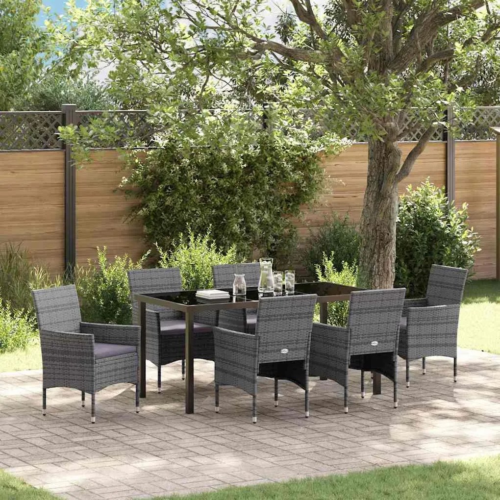 vidaXL Σέτ φαγητού για κήπο με μαξιλάρι 7 pcs Γκρι Πολυ ράταν