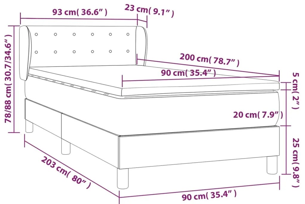 vidaXL Κρεβάτι Boxspring με Στρώμα Κρεμ 90x200 εκ.Υφασμάτινο