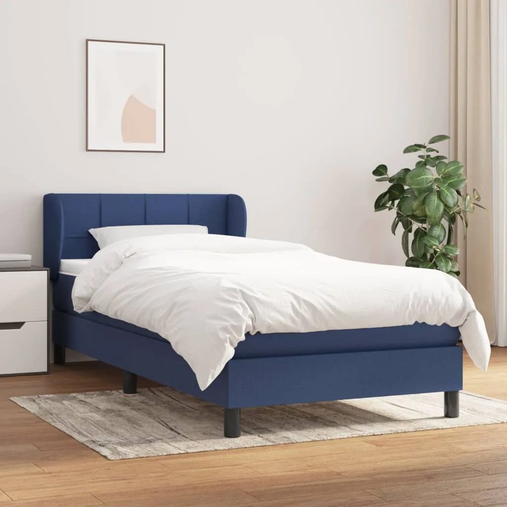 Κρεβάτι Boxspring με Στρώμα Μπλε 90x200 εκ.Υφασμάτινο