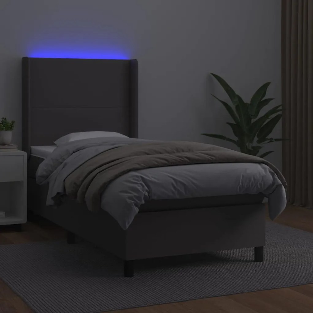 vidaXL Κρεβάτι Boxspring με Στρώμα &amp; LED Γκρι 90x190 εκ. Συνθ. Δέρμα
