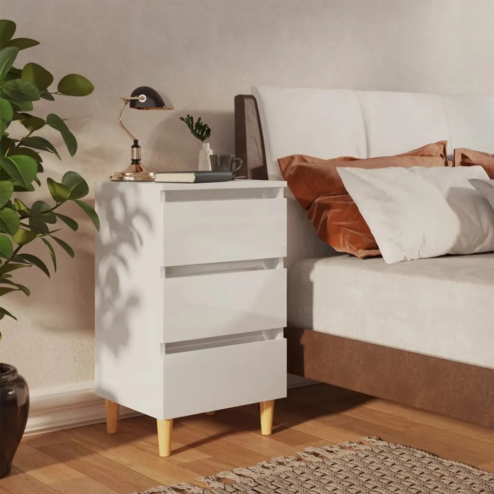vidaXL Κομοδίνο Γυαλιστερό Λευκό 40x35x69 εκ. με Μασίφ Ξύλινα Πόδια