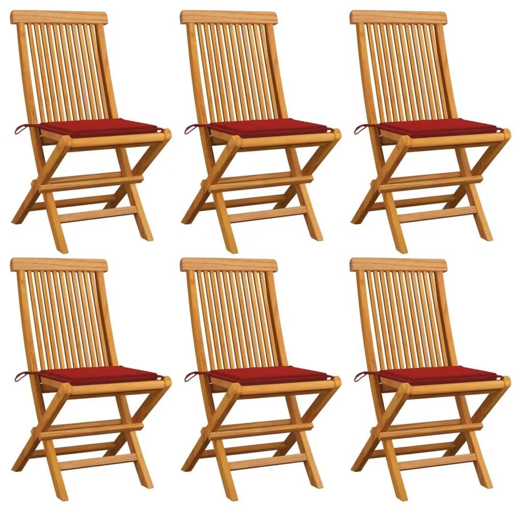 Καρέκλες Κήπου 6 τεμ. από Μασίφ Ξύλο Teak με Κόκκινα Μαξιλάρια - Κόκκινο