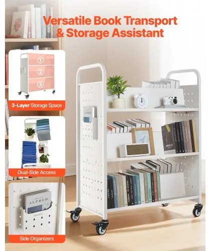 VEVOR 3-Tier Rolling Book Cart Double Sided W-Shaped Shelves Book Truck in White