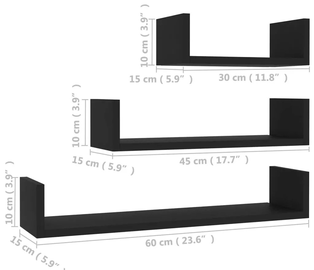 Ράφια Τοίχου 3 τεμ. Μαύρα από Επεξεργασμένο Ξύλο - Μαύρο