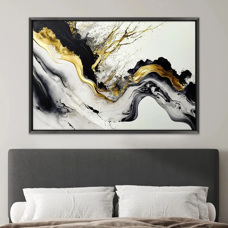 Πίνακας σε καμβά &quot;Abstract Golden Wave&quot; Megapap ψηφιακής εκτύπωσης με κορνίζα χρώμα μαύρο 140x100x3εκ.