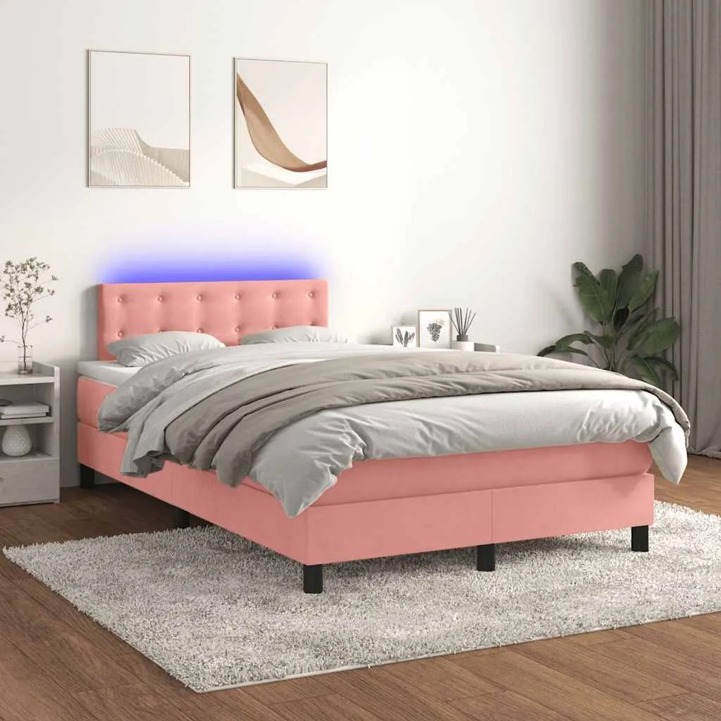 vidaXL Κρεβάτι Boxspring με Στρώμα & LED Ροζ 120x190 εκ. Βελούδινο