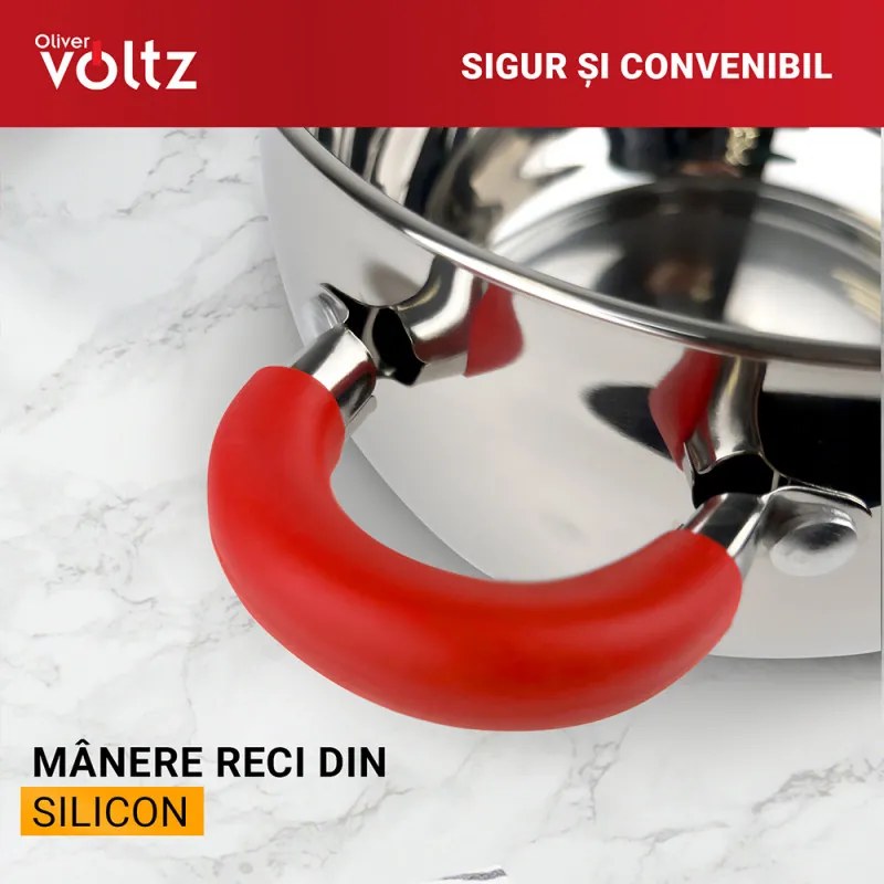 Κατσαρόλα Oliver Voltz OV51210N22, 22 cm, 4.6 l, Επαγωγή, Κόκκινες λαβές από σιλικόνη, Inox/Κόκκινος