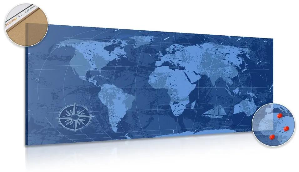 Εικόνα ενός ρουστίκ παγκόσμιου χάρτη από φελλό σε μπλε - 120x60  place