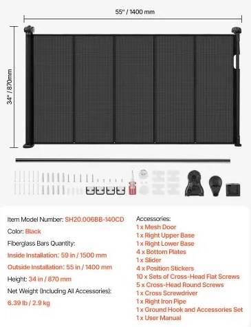VEVOR Retractable Baby Gate 870 mm Tall Extend to 1400 mm Wide Kids Pets Black