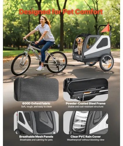 VEVOR Dog Bike Trailer, Supports up to 45 kg, 2-in-1 Pet Stroller Cart Bicycle Carrier for Small &amp; Large Dogs, Easy Folding Frame with Quick Release Wheel, Universal Bicycle Coupler, Internal Leash