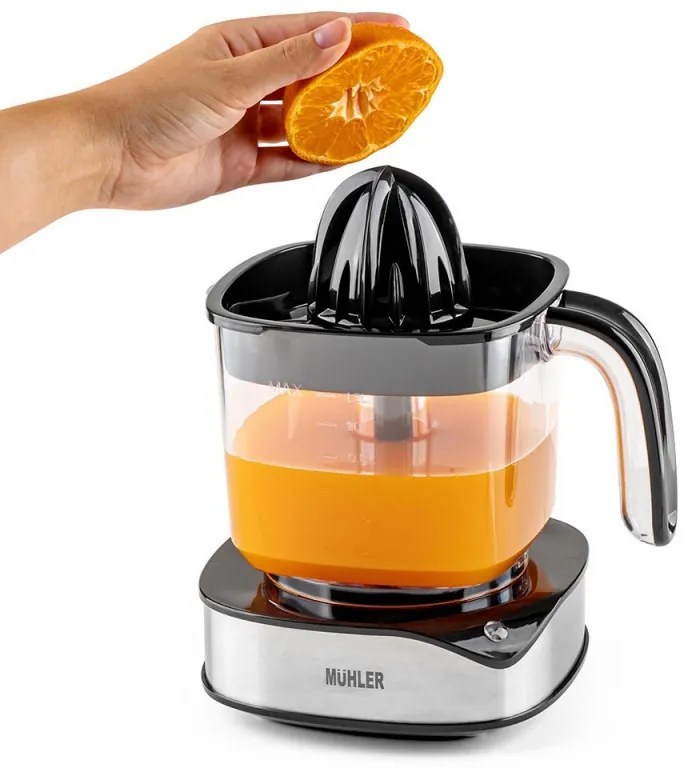 Πρέσα εσπεριδοειδών Muhler MJ-4020, 40 W, 1,2 λίτρα, Dvoposochno κίνηση, Ενδεικτική λυχνία, 2 κώνοι, Cheren/Inox.