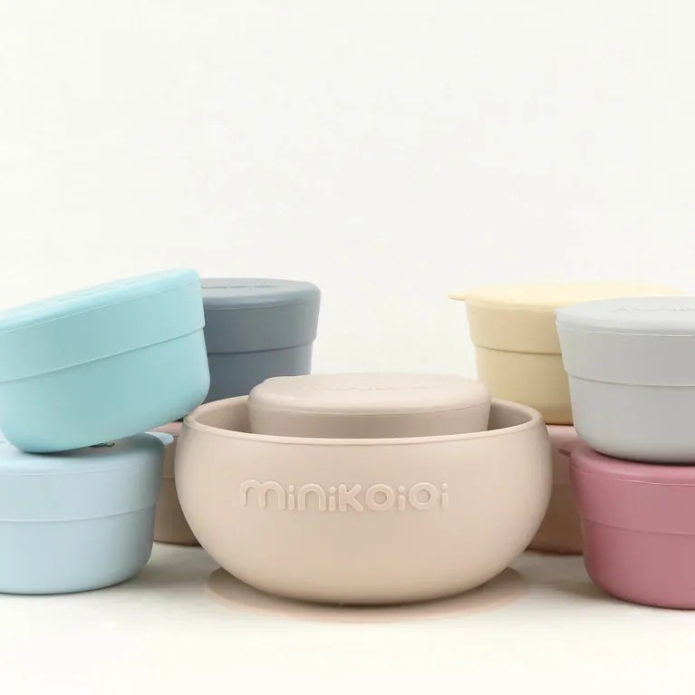 MinikOiOi mini Bites Μπωλ Σιλικόνης με καπάκι 2 τμχ, Green/Grey