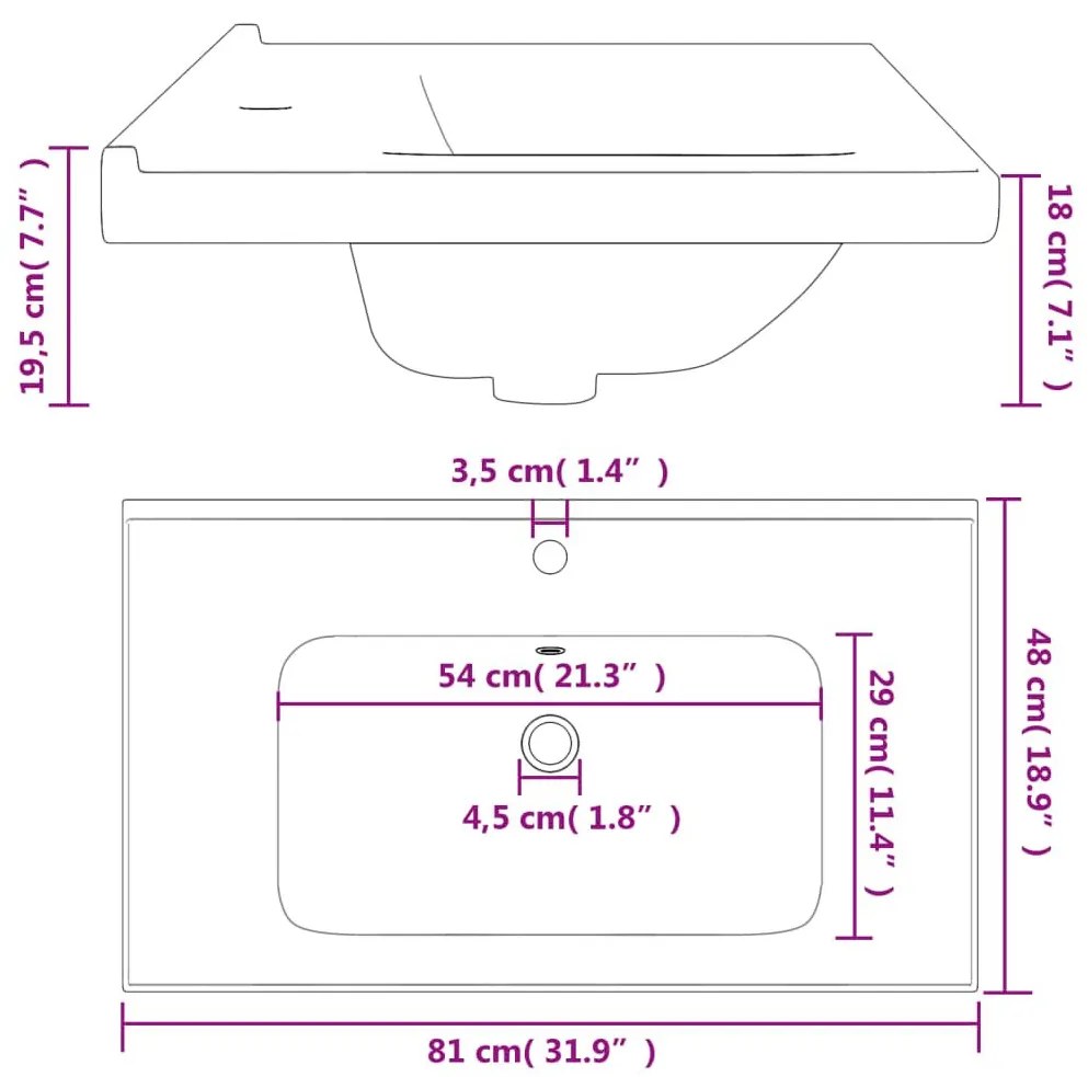 Νιπτήρας Μπάνιου Ορθογώνιος Λευκός 81 x 48 x 19,5 εκ. Κεραμικός - Λευκό