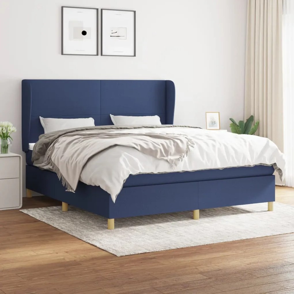 Κρεβάτι Boxspring με Στρώμα Μπλε 160x200 εκ. Υφασμάτινο