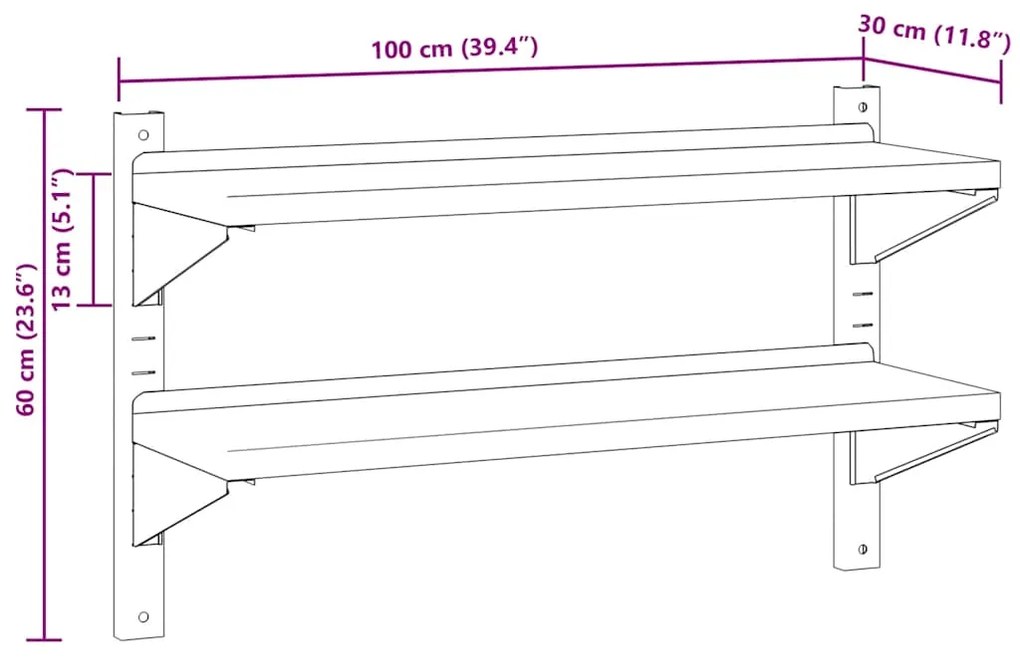 ΡΑΦΙ ΤΟΙΧΟΥ 2 ΕΠΙΠ. ΑΣΗΜΙ 100X30X60 ΕΚ. ΑΝΟΞΕΙΔΩΤΟ ΑΤΣΑΛΙ 30310