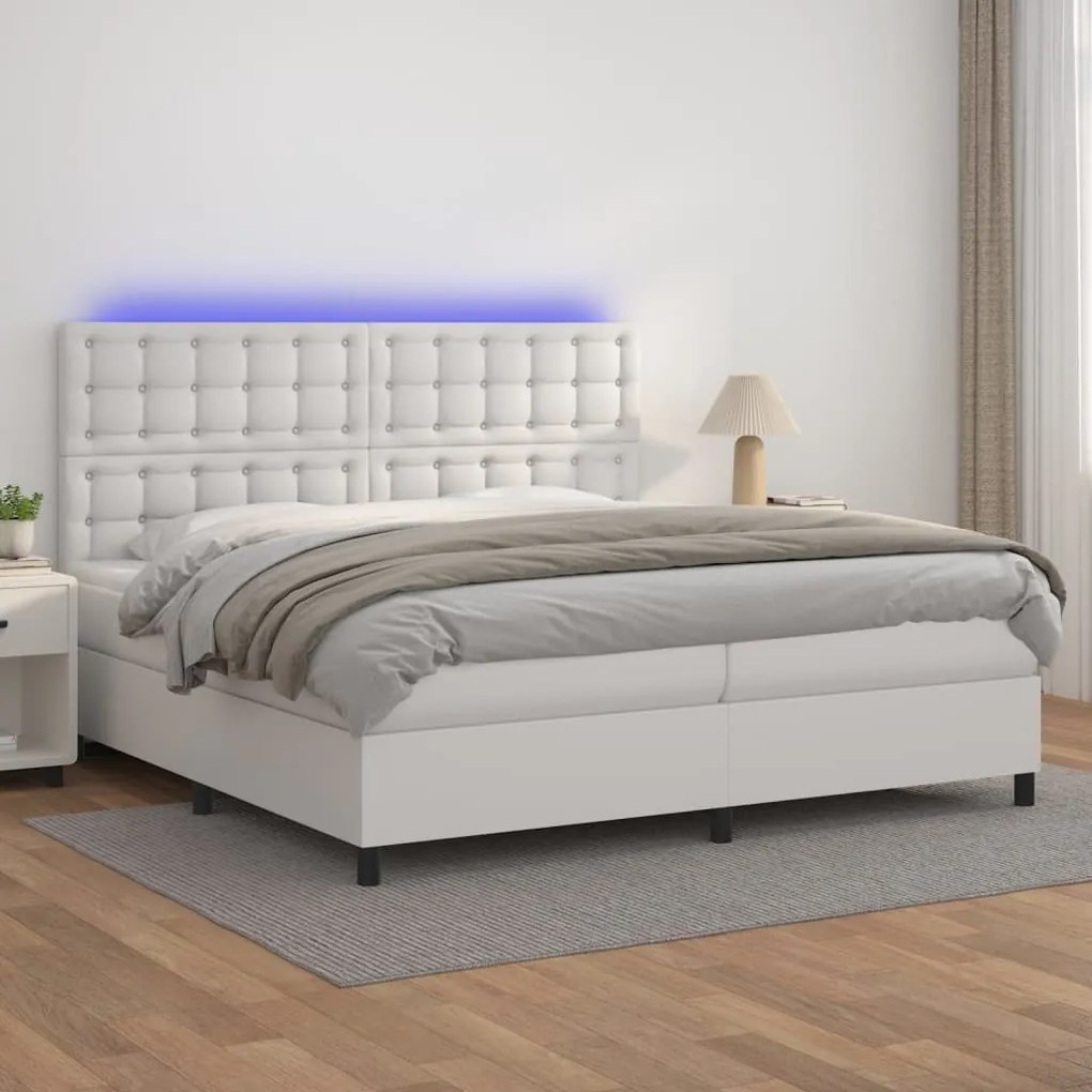 vidaXL Κρεβάτι Boxspring με Στρώμα &amp; LED Λευκό 200x200 εκ. Συνθ. Δέρμα