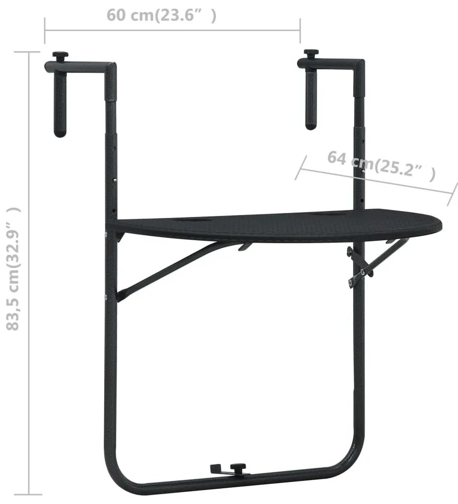 Τραπέζι Μπαλκονιού Κρεμαστό Μαύρο 60x64x83,5 εκ. Πλαστικό Ρατάν - Μαύρο