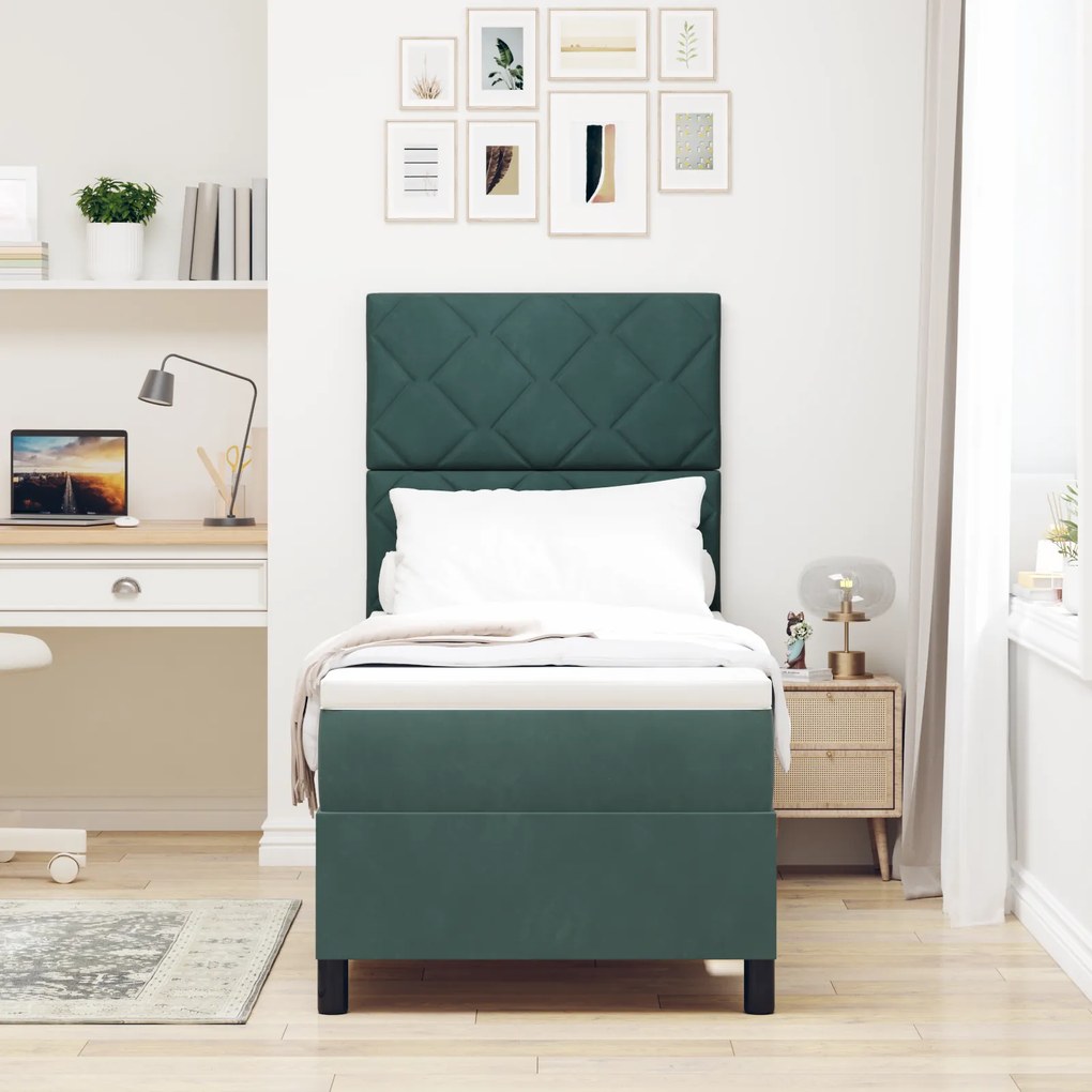 vidaXL Κρεβάτι Box Spring με Στρώμα & LED σε Σκούρο Πράσινο 80x200 εκ. Βελούδο