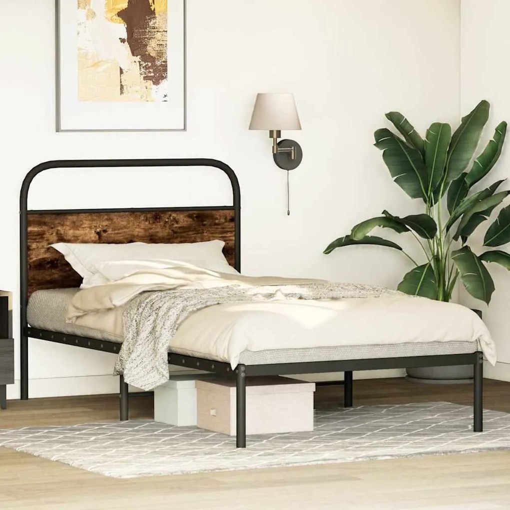 vidaXL Πλαίσιο Κρεβ. Χωρ. Στρώμα Καπνιστή Δρυς 90x200 εκ. Επεξ. Ξύλο