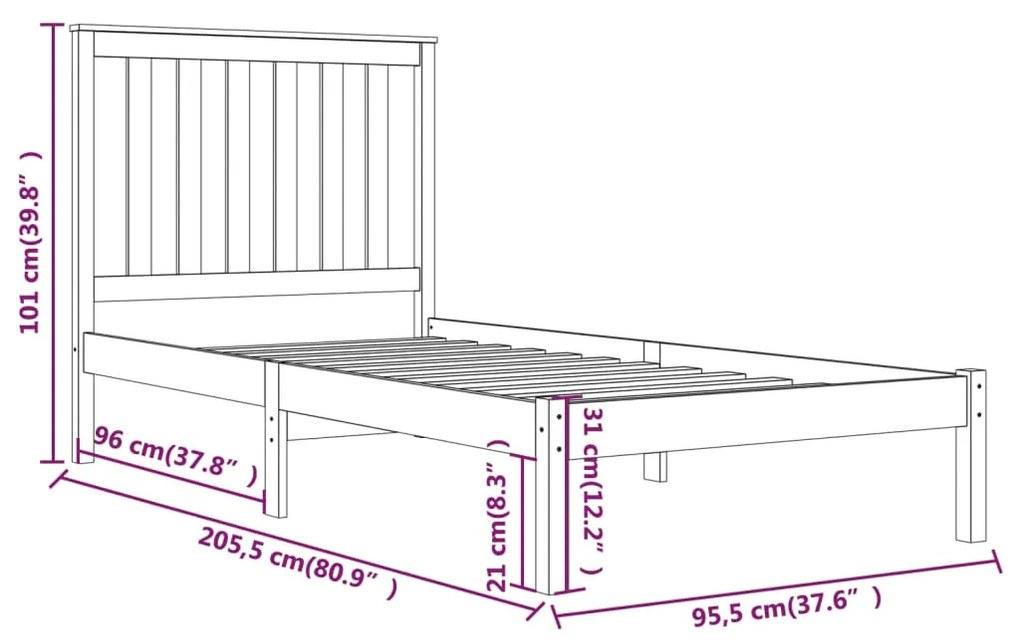vidaXL Πλαίσιο Κρεβατιού Λευκό 90 x 200 εκ. από Μασίφ Ξύλο Πεύκου
