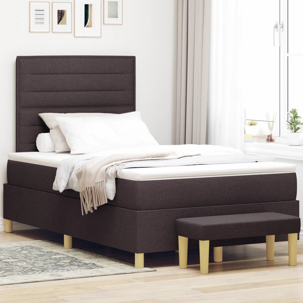 vidaXL Κρεβάτι Box Spring με Στρώμα & Πάγκο Σκούρο Καφέ 120x200 cm Ύφασμα