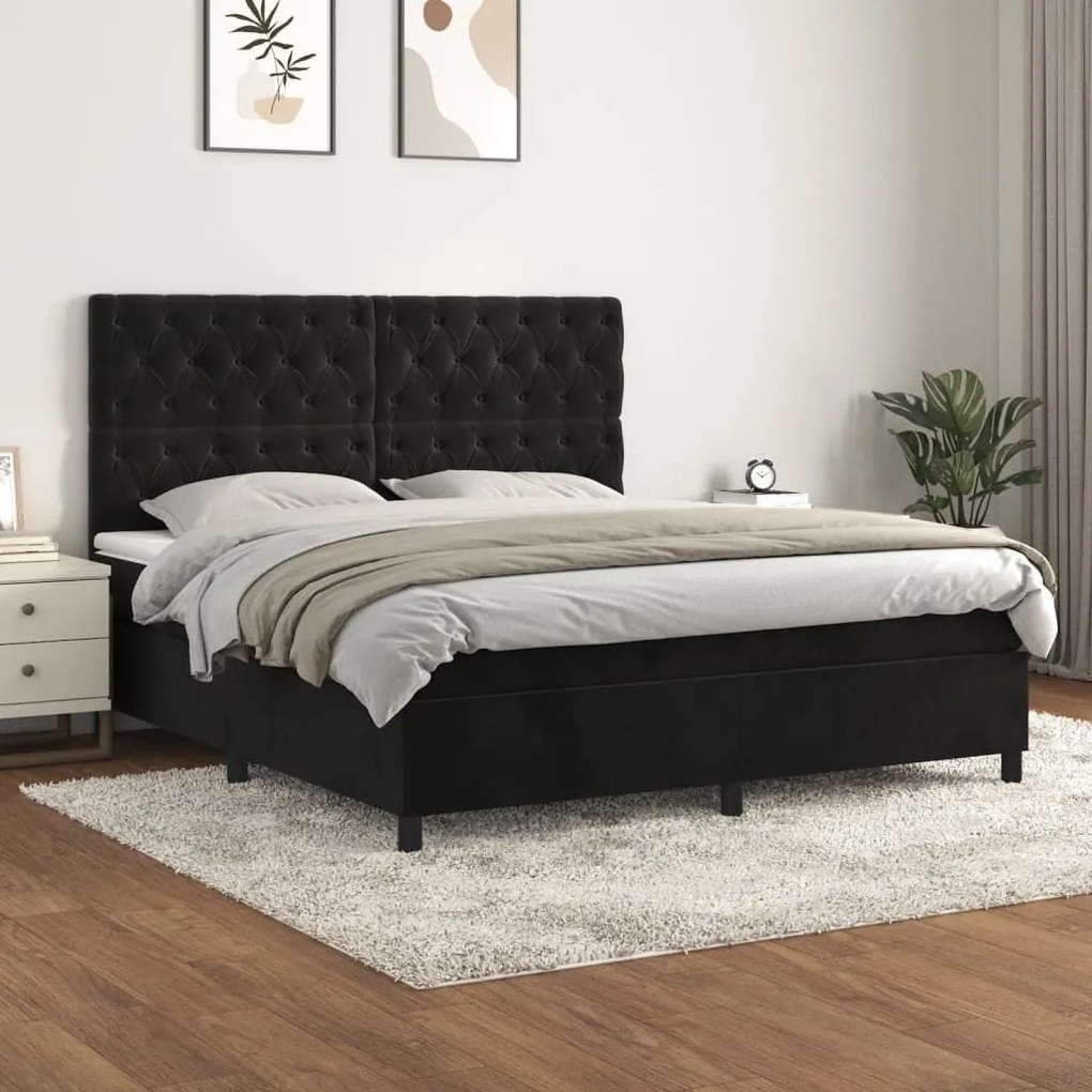 Κρεβάτι Boxspring με Στρώμα Μαύρο 160x200 εκ. Βελούδινο - Μαύρο