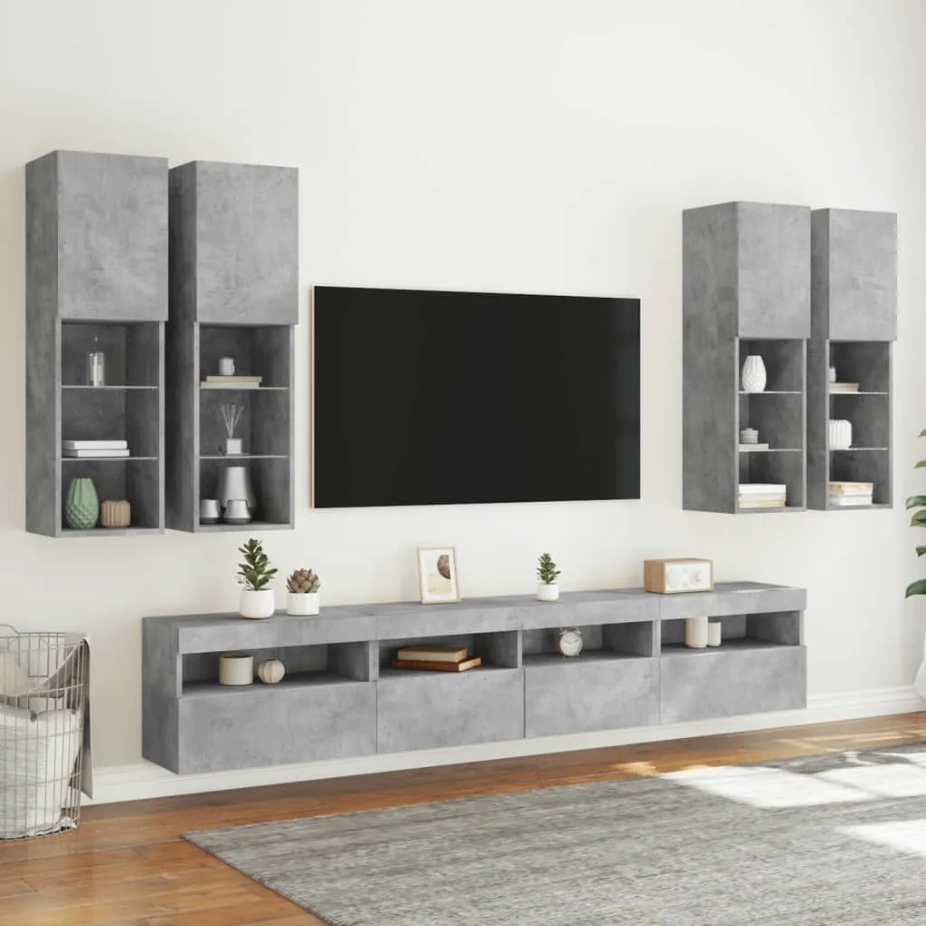 vidaXL Ντουλάπια Τηλεόρασης Τοίχου 7 τεμ. Φώτα LED Γκρι Σκυροδέματος