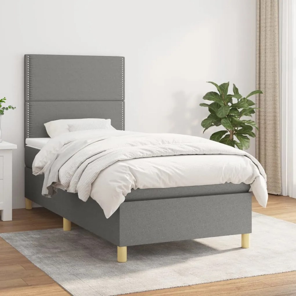 vidaXL Κρεβάτι Boxspring με Στρώμα Σκούρο Γκρι 90x200 εκ. Υφασμάτινο