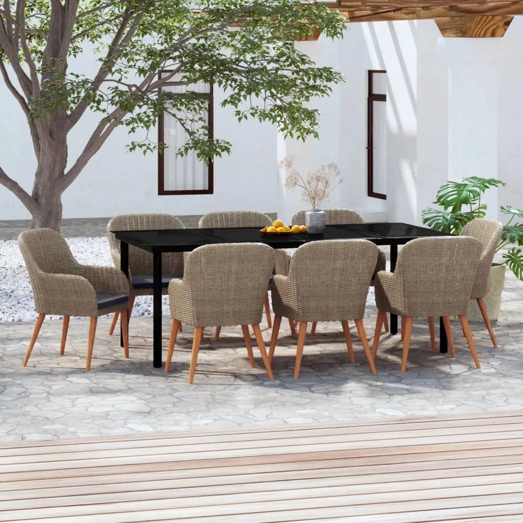 vidaXL Σετ Τραπεζαρίας Κήπου 9 τεμ. Καφέ με Μαξιλάρια