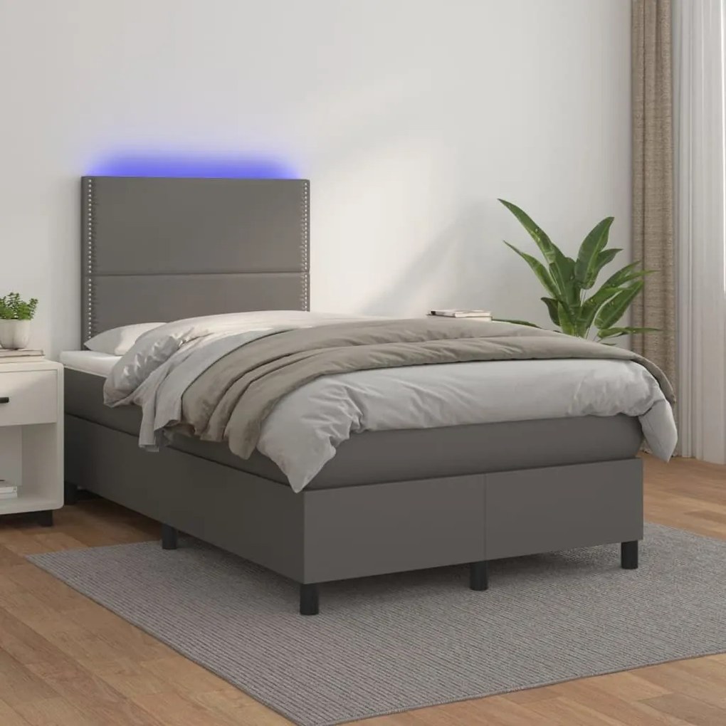 Κρεβάτι Boxspring με Στρώμα &amp; LED Γκρι 120x200 εκ. Συνθ. Δέρμα - Γκρι