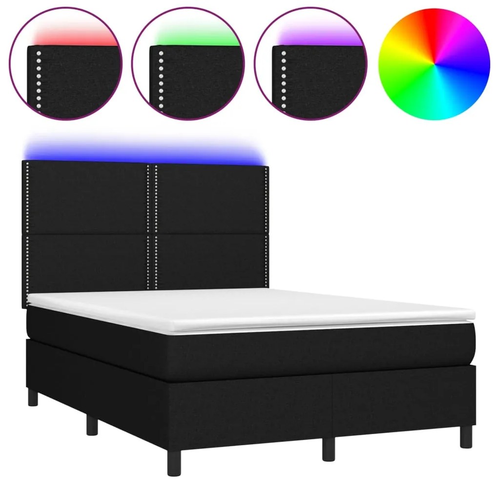 vidaXL Κρεβάτι Boxspring με Στρώμα & LED Μαύρο 140x190 εκ. Υφασμάτινο