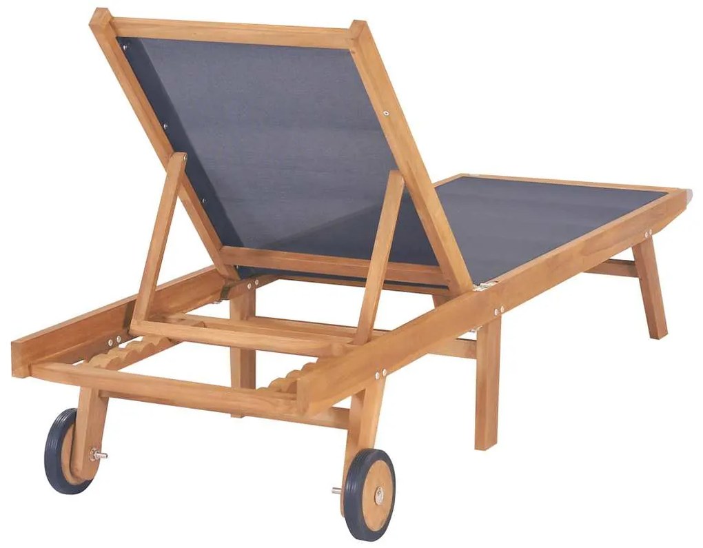 vidaXL Ξαπλώστρα Πτυσσόμενη από Μασίφ Ξύλο Teak και Textilene με Ρόδες