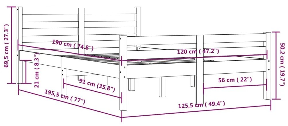 Πλαίσιο Κρεβατιού 120 x 190 εκ. από Μασίφ Ξύλο Small Double - Καφέ