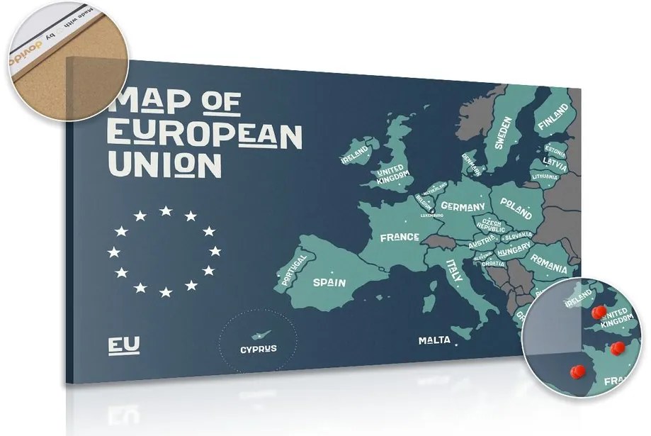 Εικόνα στον εκπαιδευτικό χάρτη φελλού με ονόματα χωρών της Ευρωπαϊκής Ένωσης - 90x60  wooden