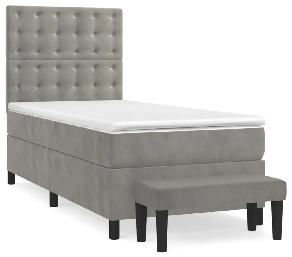 vidaXL Κρεβάτι Boxspring με Στρώμα Ανοιχτό Γκρι 90x190 εκ. Βελούδινο