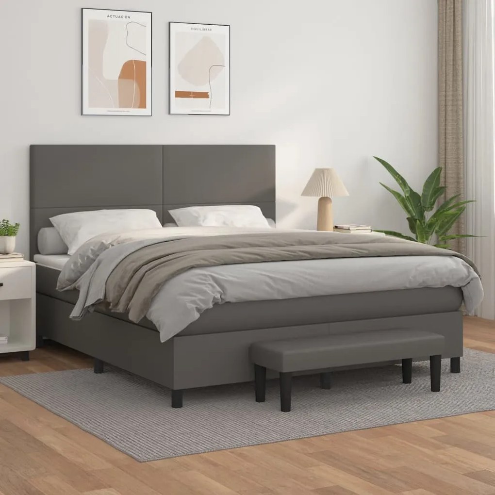 Κρεβάτι Boxspring με Στρώμα Γκρι 160x200εκ. από Συνθετικό Δέρμα - Γκρι