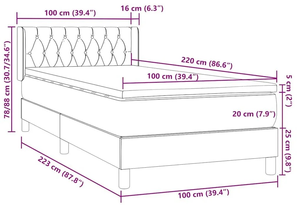 Box Spring κρεβάτι με στρώμα ανοιχτό γκρι 100x220 εκ. Βελούδινο - Γκρι