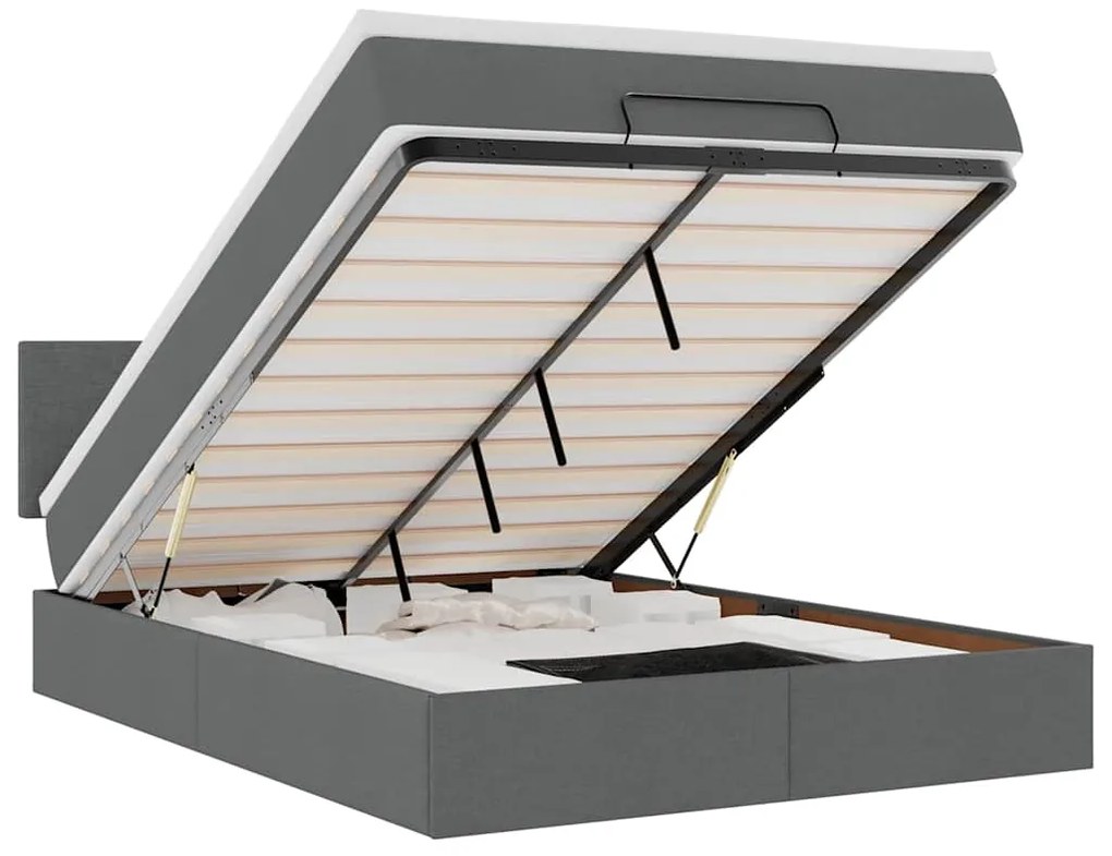 vidaXL Οθωμανικό κρεβάτι με στρώμα & LEDs Σκούρο γκρι 140x200cm Ύφασμα