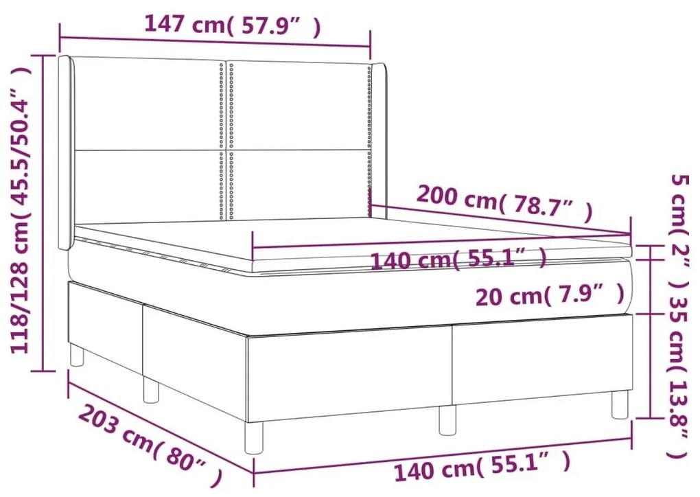 Κρεβάτι Boxspring με Στρώμα Σκούρο Γκρι 140x200 εκ Υφασμάτινο - Γκρι