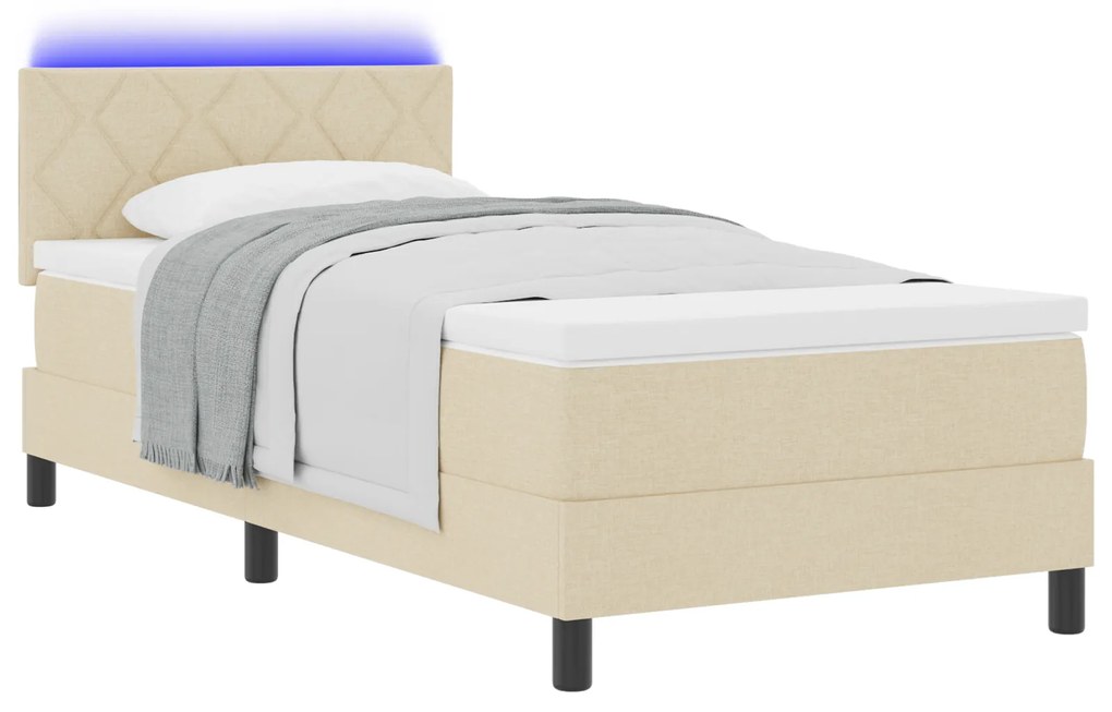 vidaXL Κρεβάτι Box Spring με Στρώμα & LED Κρέμα 90x200 εκ. Ύφασμα