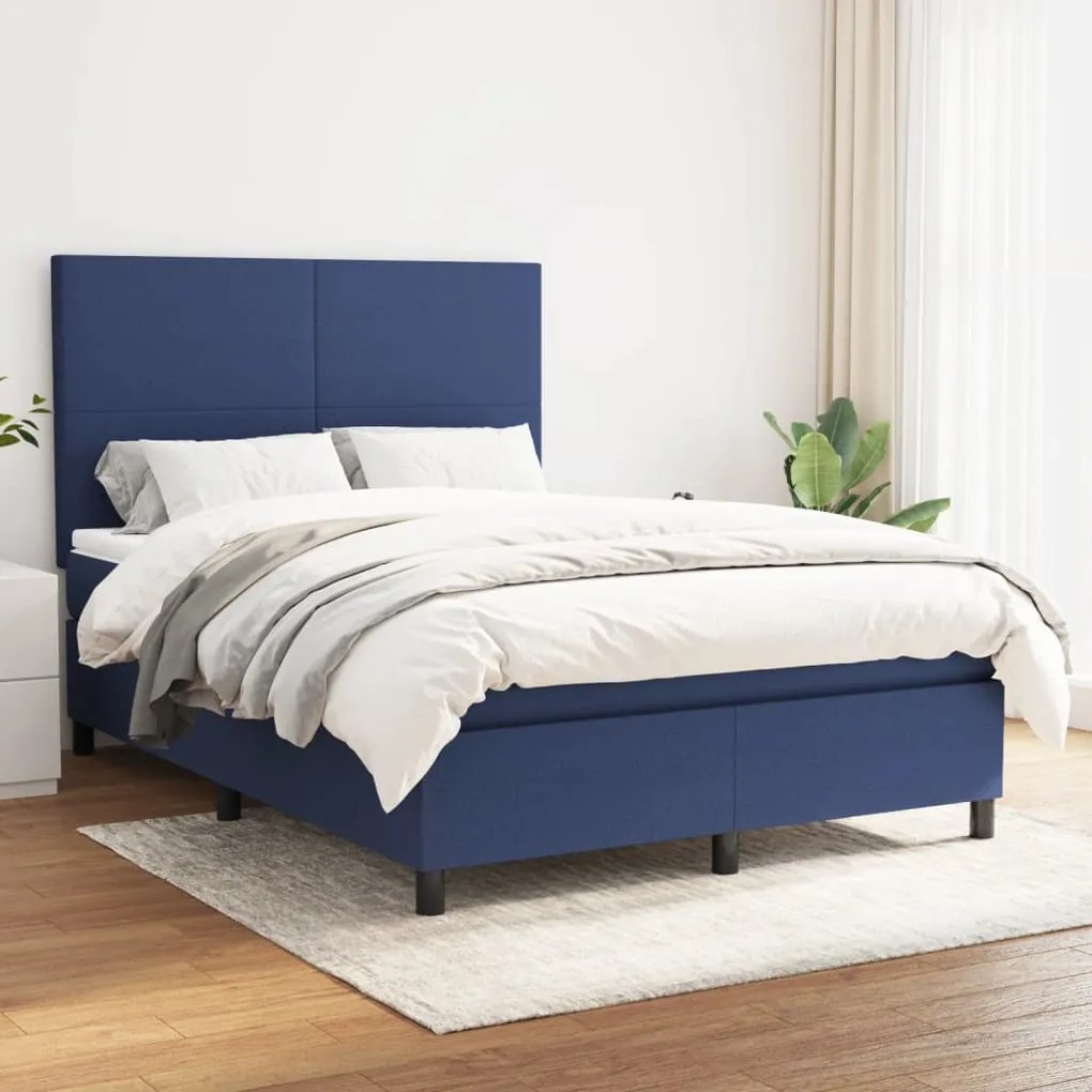 Κρεβάτι Boxspring με Στρώμα Μπλε 140x190 εκ. Υφασμάτινο