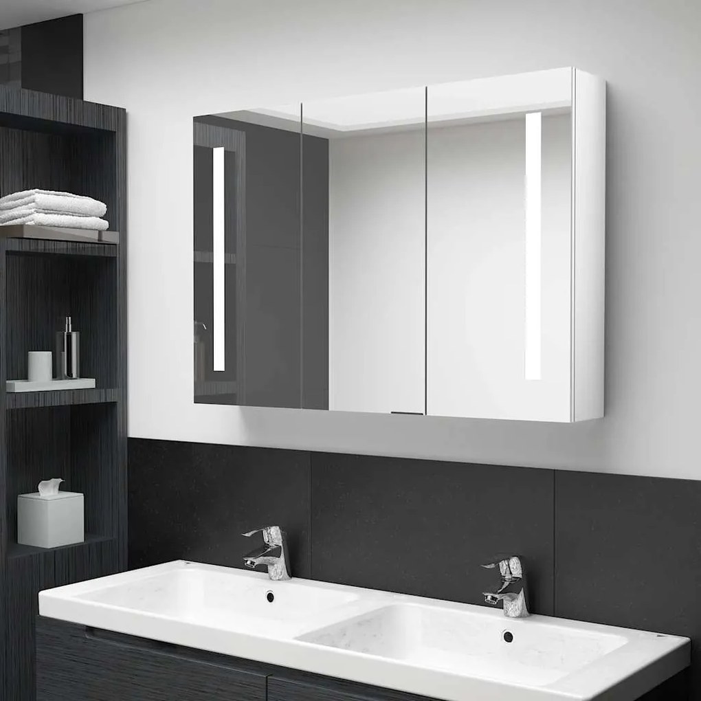 vidaXL Καθρέφτης Μπάνιου με Ντουλάπι &amp; LED Γυαλ. Λευκό 89x14x62 εκ.