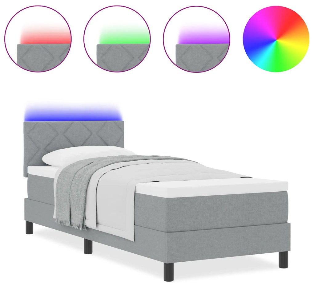 vidaXL Κρεβάτι με ελατήριο και στρώμα & LED Ανοιχτό Γκρι 80x200 cm Ύφασμα