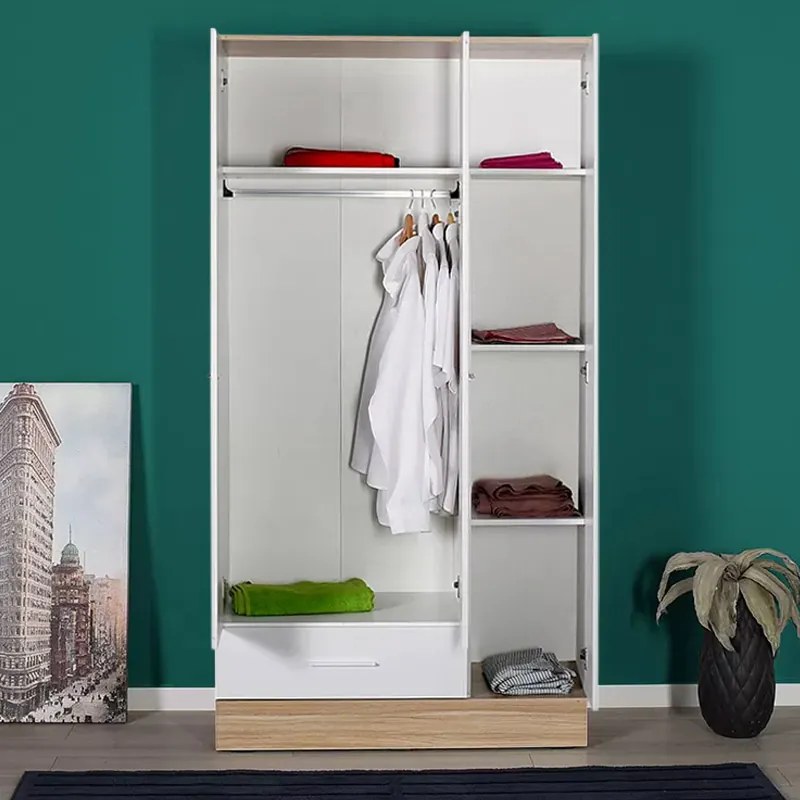 Ντουλάπα ρούχων Base Megapap τρίφυλλη με συρτάρια χρώμα λευκό - sonoma 103x52x198εκ.