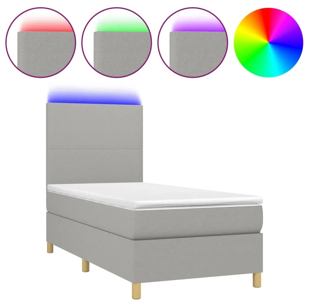 Κρεβάτι Boxspring με Στρώμα &amp; LED Αν.Γκρι 90x200 εκ. Υφασμάτινο - Γκρι