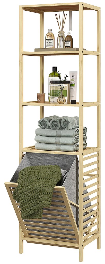 HOMCOM Ράφι Μπάνιου, με Συλλέκτη Ρούχων, 3 Ράφια, Πλαίσιο Μπαμπού, 44x33x160cm, Φυσικό
