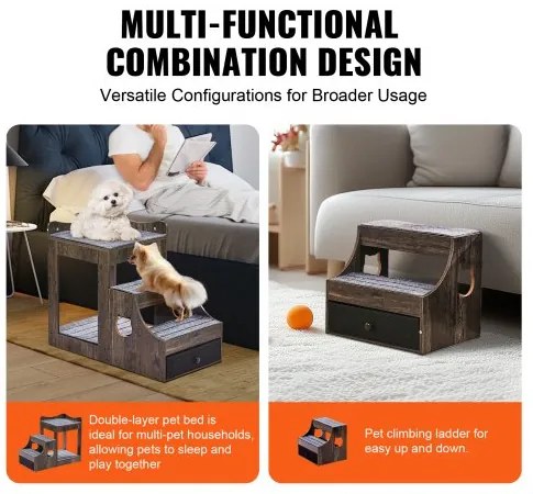 VEVOR Pet Bunk Bed with Stairs Dog/Cat Window Perch with Storage Indoor Gray
