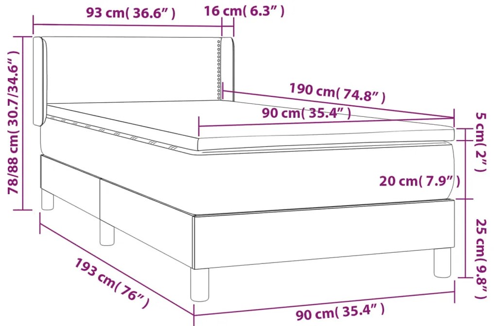 vidaXL Κρεβάτι Boxspring με Στρώμα Μαύρο 90x190 εκ. Βελούδινο